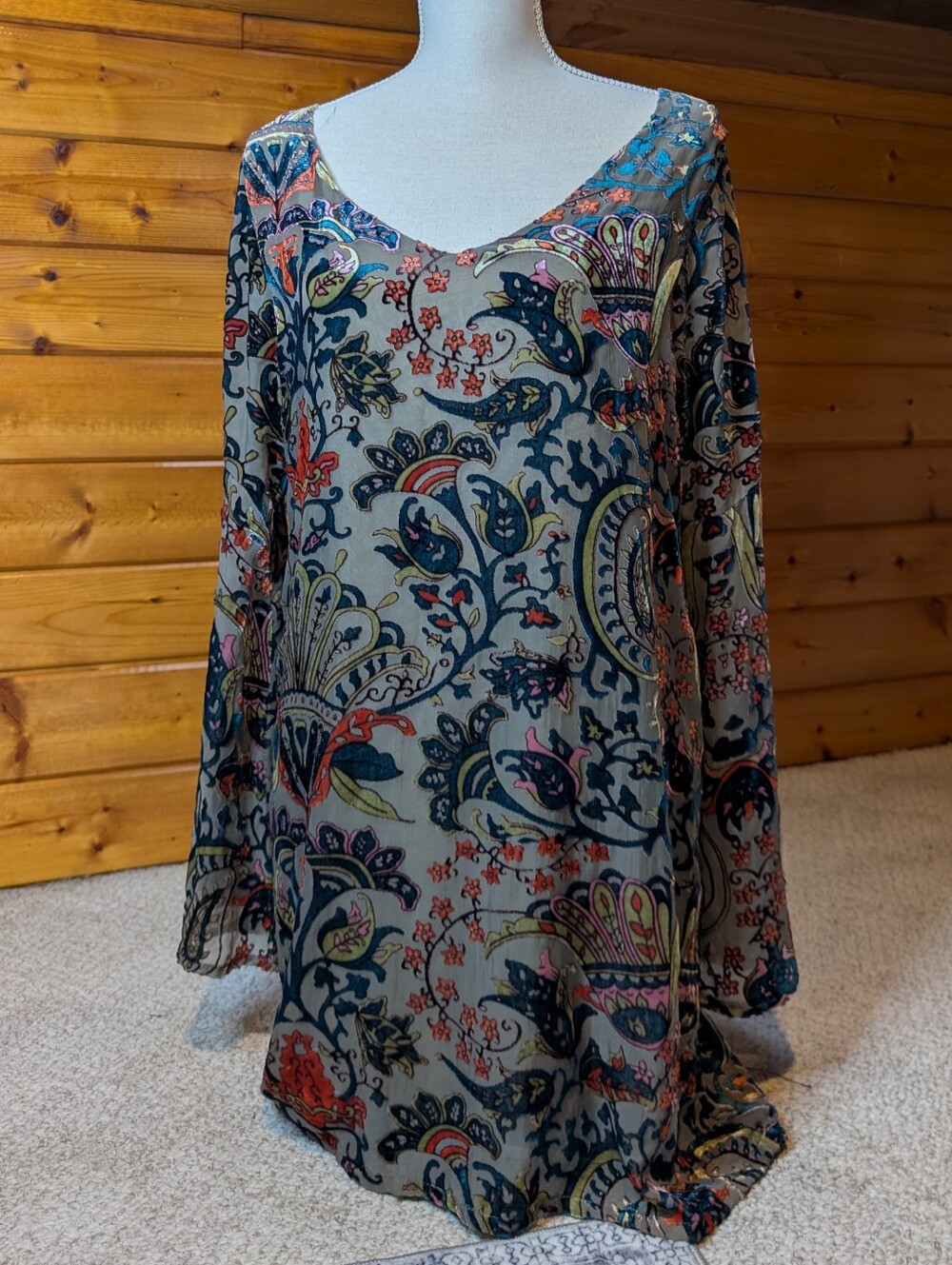 Altar'd State Boho Teal Multi Paisley V-Neck Long-Sleeve Mini Dress Size Medium